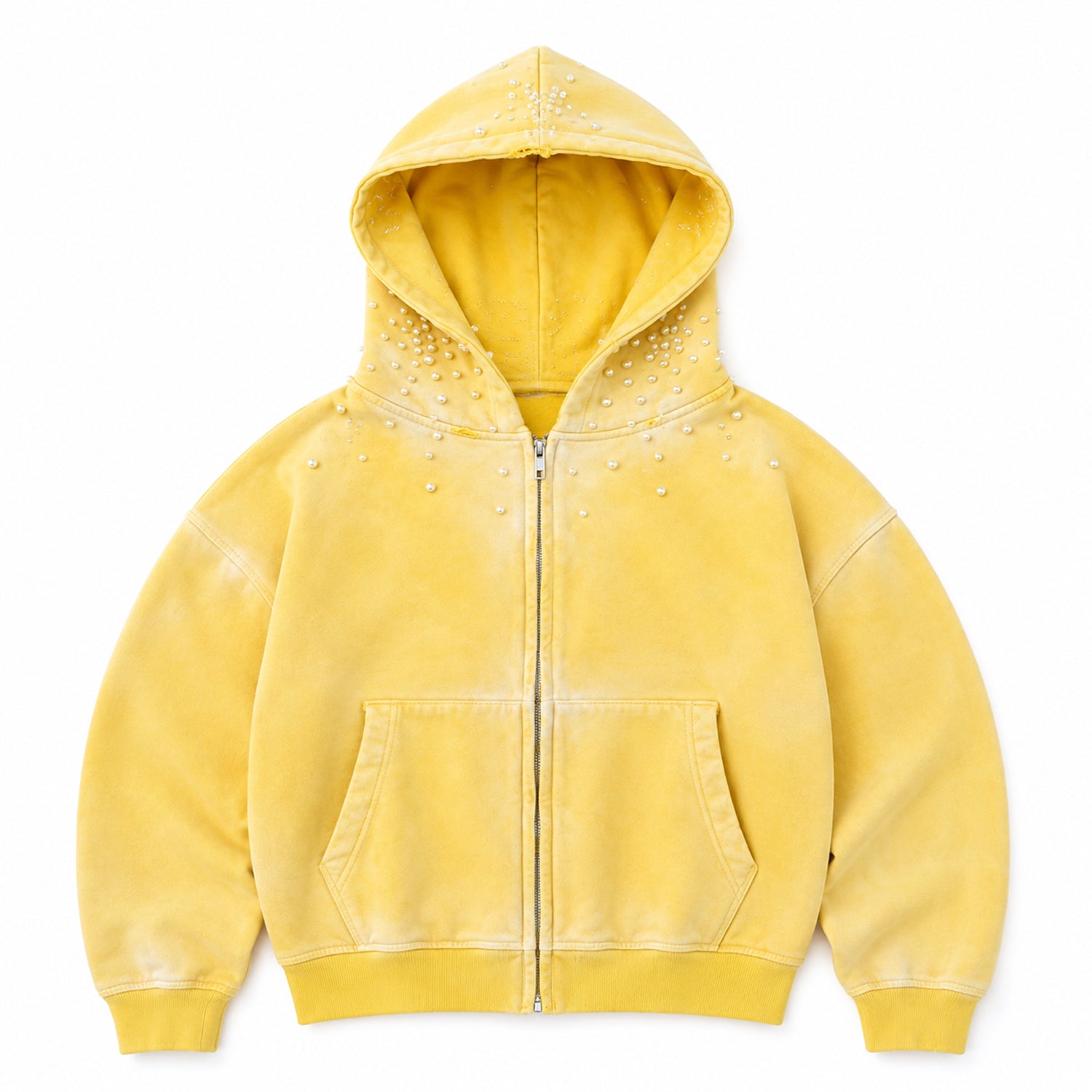 Yellow Acid Wash Distressed Zip-up Hoodie